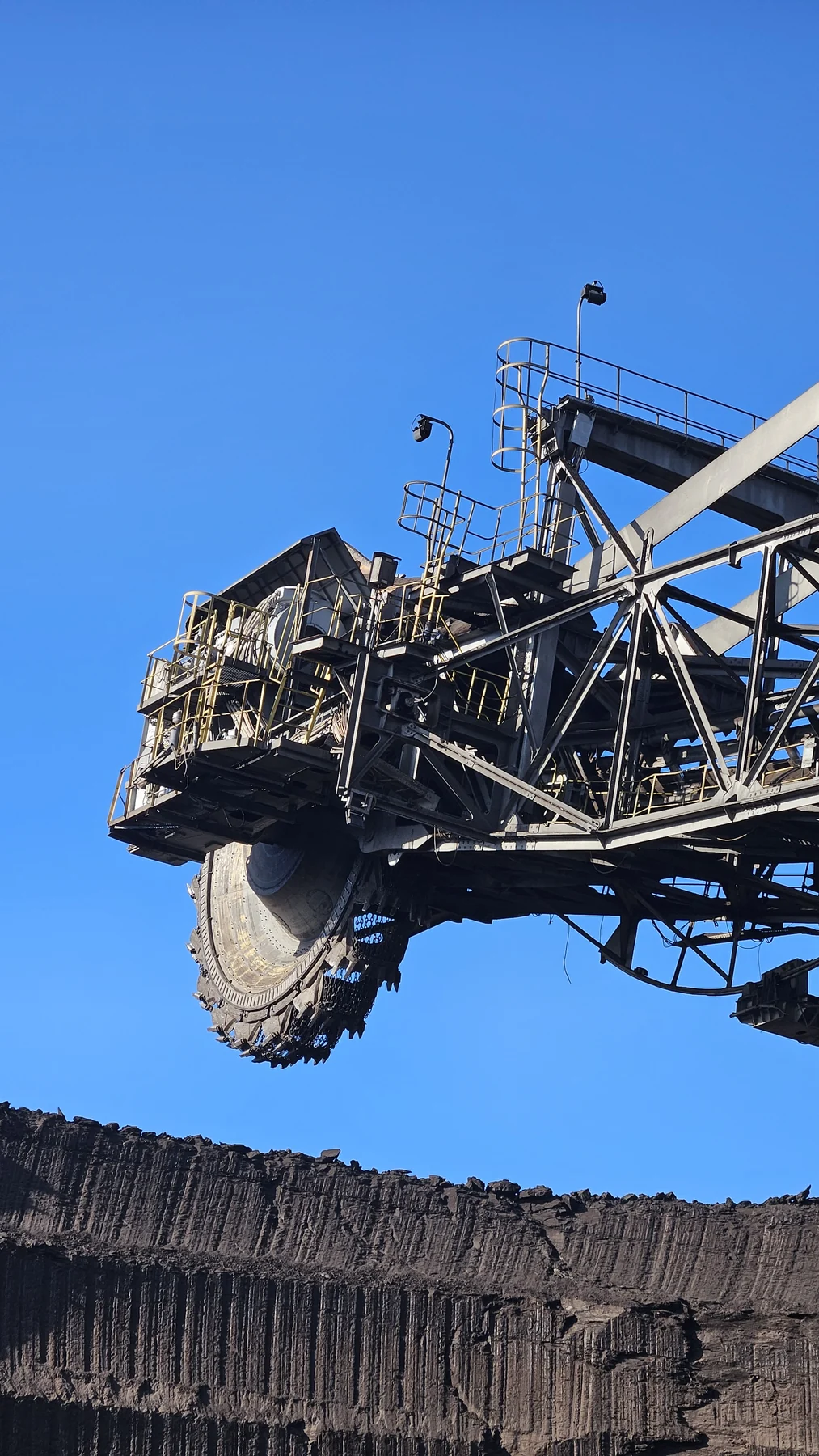 Bucket-wheel excavator cutting wheel above the lignite face