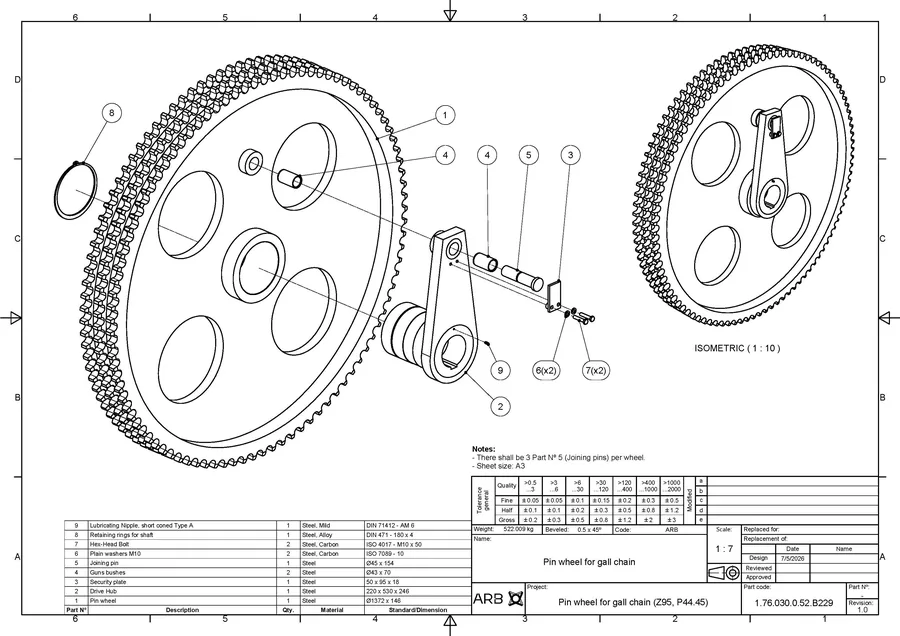 Production drawing of a gall chain pin wheel with exploded assembly and parts list