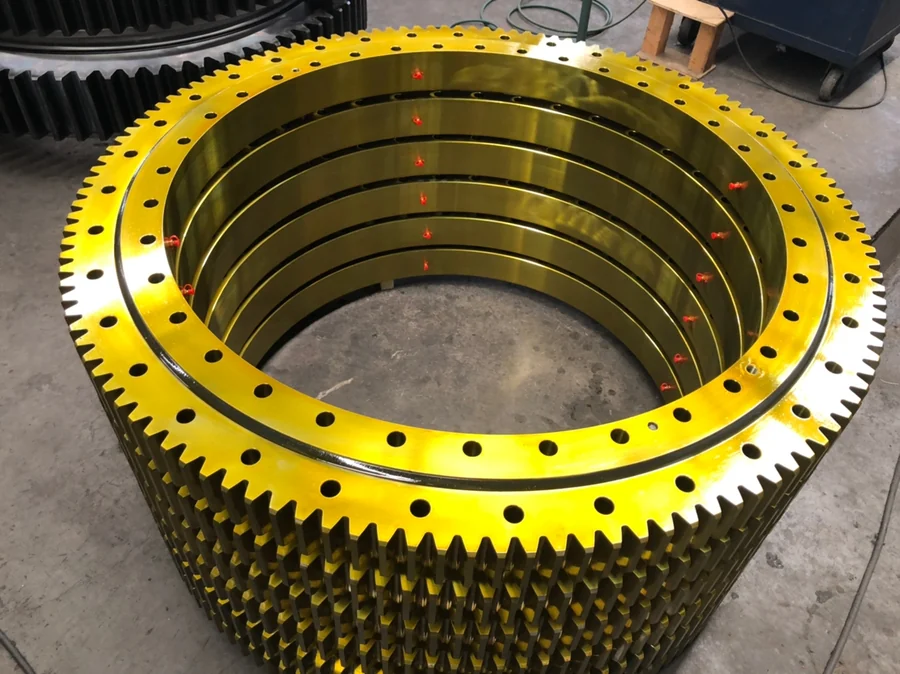 Machined slew ring with cut teeth, painted and ready for dispatch